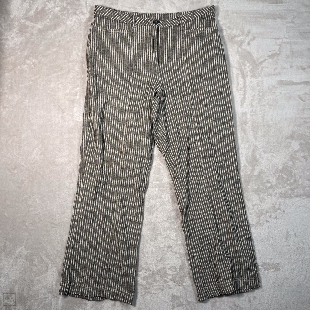 Sundance Women's Pants Linen Blend Stripes Coastal Casual Summer 12 Gray/Cream